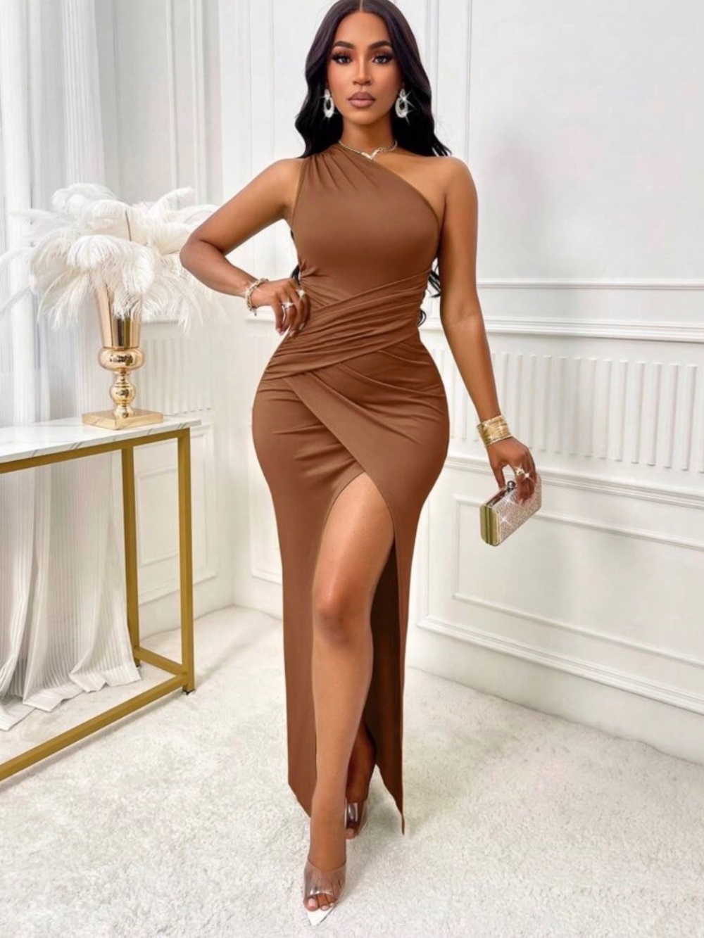 Elegant One-Shoulder Brown Evening Dress with High Slit